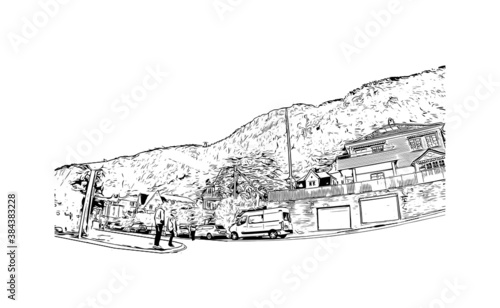 Building view with landmark of Bergen is a city on Norway’s southwestern coast. Hand drawn sketch illustration in vector.