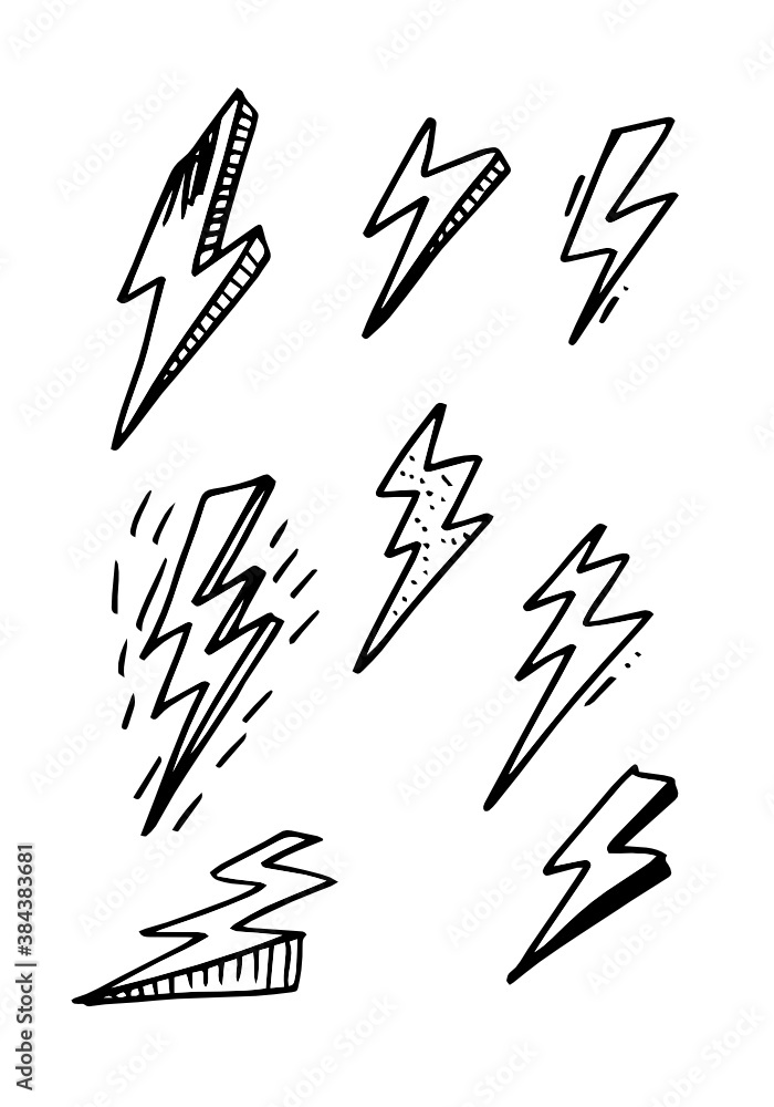set of hand drawn vector doodle electric lightning bolt symbol sketch illustrations. thunder symbol doodle icon . set of hand drawn vector doodle electric lightning bolt symbol sketch illustrations. thunder symbol doodle icon .