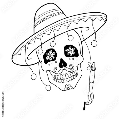 Hand-drawn contour illustration of Mexican skull with mustache in a sombrero. Isolated sugar skull with brush for the Day Of The Dead. Contour for coloring. 