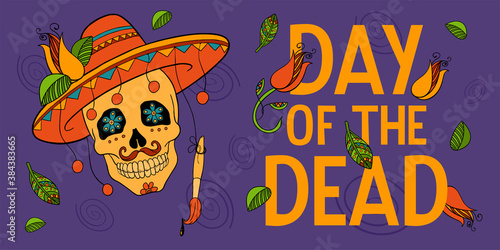 Mexican funny skull with mustache in a sombrero and text. Sugar skull with brush. Concept of scull the Day of the Dead for banner with flowers and leaves on purple background.