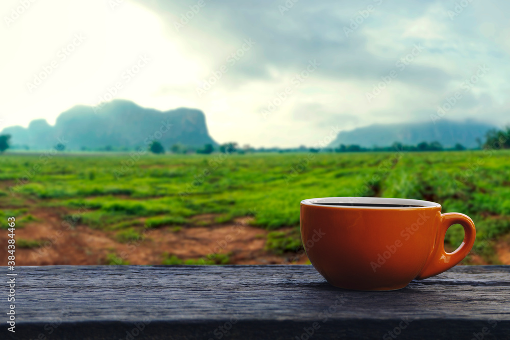 Obraz premium Coffee cup on wood table with a view of mountain landscape and farming