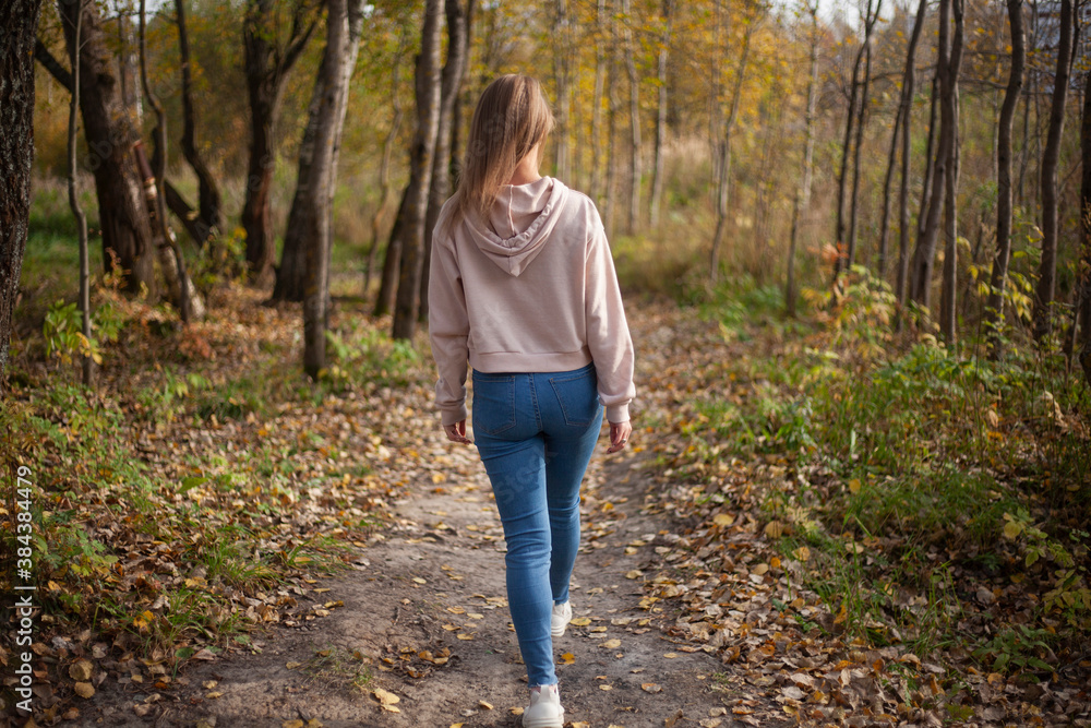 The girl walks through the autumn forest. A walk in the park in warm autumn. A girl in jeans and a hoodie walks along the path. 