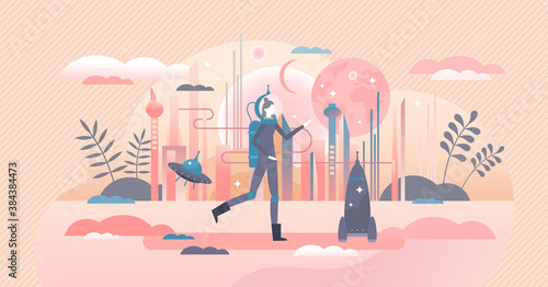 Science fiction or sci-fi futuristic universe outer space tiny person concept