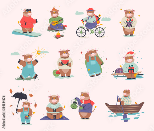 Set of funny bulls. Flat vector illustration.