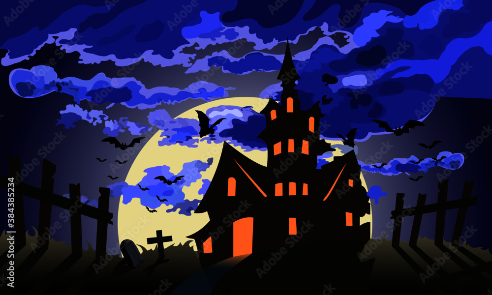 Halloween creepy dark castle, moon shines bright, flock of flying bats, old wooden fence, crosses and cemeteries.