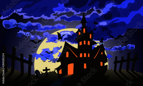 Halloween creepy dark castle, moon shines bright, flock of flying bats, old wooden fence, crosses and cemeteries.