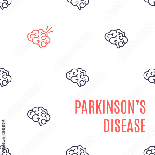 Parkinson's disease poster. Pattern of healthy brain icons with one organ affected by the illness. Side view body anatomy sign. Degenerative disorder of the central nervous system vector illustration.