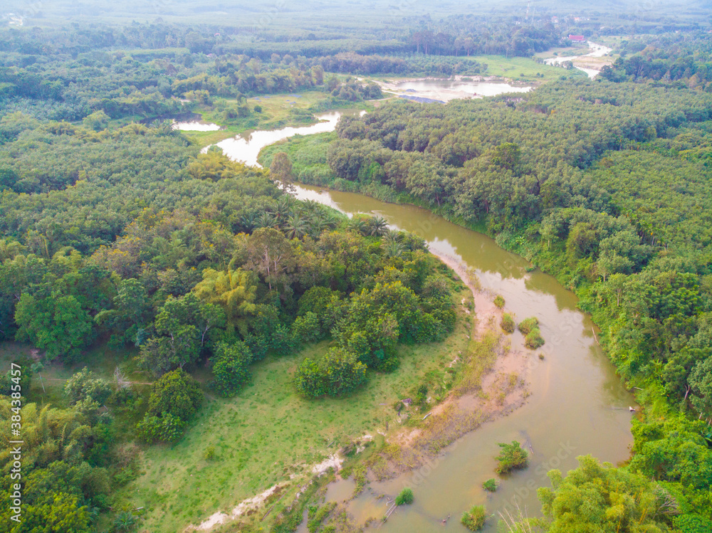 River curve with tropical rain forest aerial view