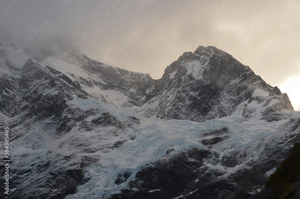 Hiking over glaciers and mountains on the hanging bridges in Torres del Paine National Park in Patagonia, Chile