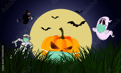 jack o lantern, witch, ghost and mummy wear a mask to prevent disease (COVID-19). Moon shines bright, flock of flying bats.