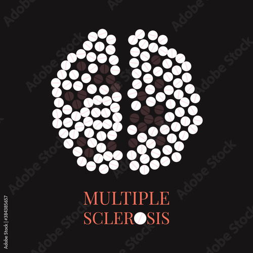 Multiple sclerosis awareness poster with brain made of pills on black background. MS awareness sign. Top view. Medical solidarity day concept. Vector illustration.