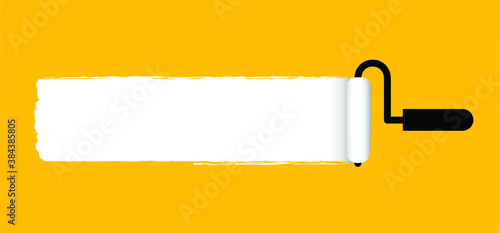 Yellow. Painted the wall and paint roller. Paintbrus sign. Brush stroke background. Color trail of paint texture. Flat vector cartoon sign. For home, interior renovation. Painting, Rollers tool icon.