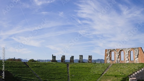 The ruins of an ancient Roman amphitheater in the Umbrian countryside  Gubbio  Marche  Italy 