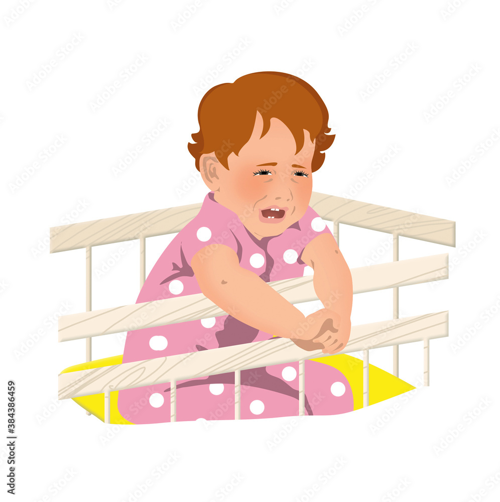 Сhild is naughty and crying in the crib. Isolated on white background. Сhild is naughty and crying in the crib. Isolated on white background.