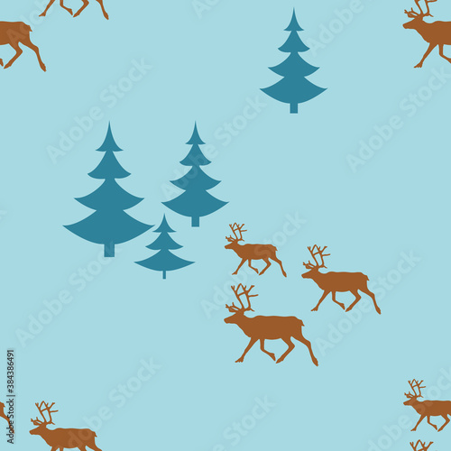 New year and christmas seamless pattern with herds of three running reindeer among firs vector background in cold blue tones with light brown reindeer for festive christmas decoration and greetings