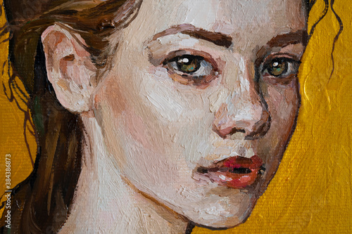 Portrait of young beautiful brown-haired girl with green eyes on a golden background. Oil painting on canvas..