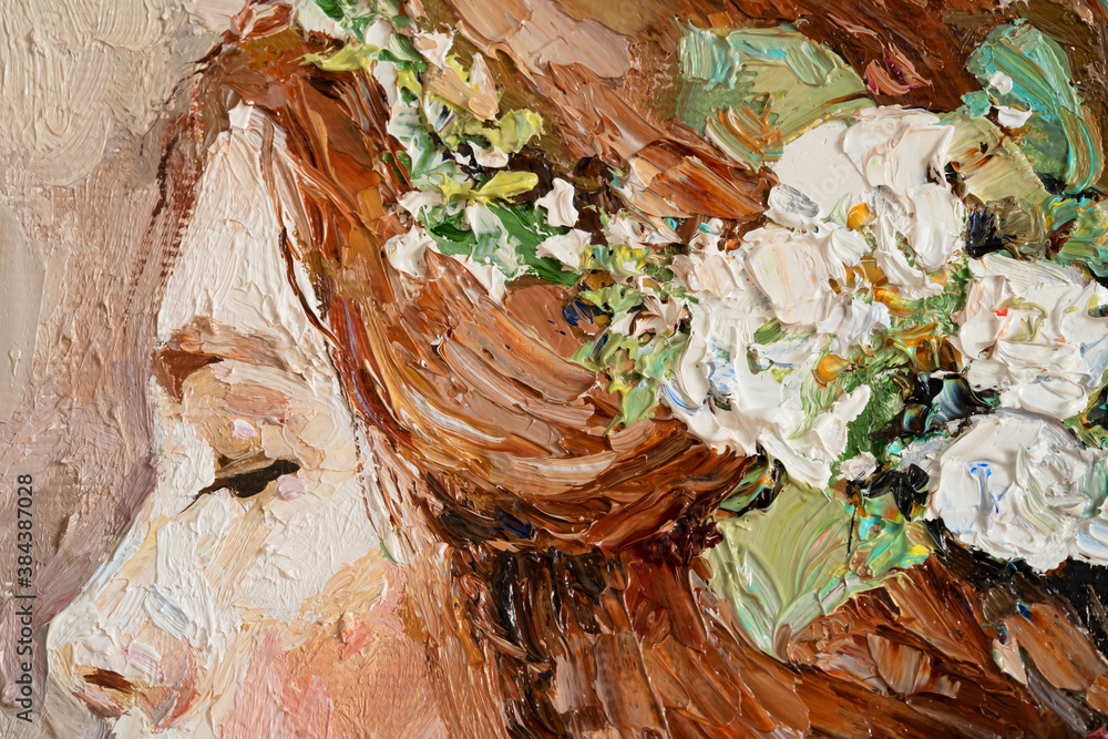 Pretty red-haired  girl with a flower in her hair,  painted in an expressive manner. Palette knife technique of oil painting and brush.