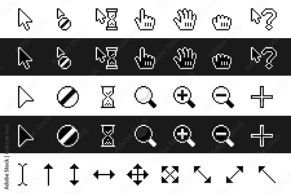 Cursor pointers. Retro pixel arrows, loading hourglass and zoom magnifier. Pointing hand and