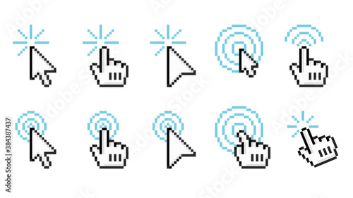 Pixel click icons. Arrow cursor, pointing finger and computer mouse pointer retro vector symbols set