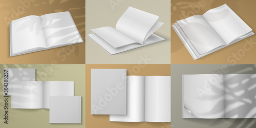 Realistic magazine. Blank white brochure mockup on colored background with shadow overlay effect. Vector illustration empty isolated white sheet for design visualization booklet or catalogs