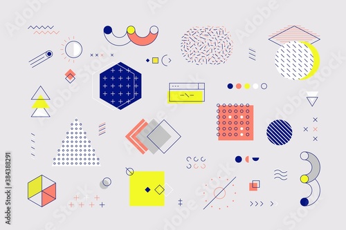 Memphis elements. Retro geometric shapes and graphic elements with lines and patterns for advertisement and social network posts. Vector illustrations graphical minimal styling symbol set photo