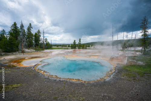 hydrothermal areas of firehole spring in yellowstone national park, wyoming in the usa