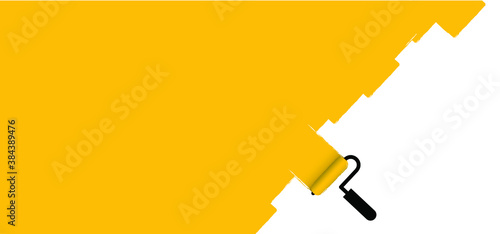 Yellow. Painted the wall and paint roller. Paintbrush sign. Brush stroke background. Color trail of paint texture. Flat vector cartoon sign. For home, interior renovation. Painting, Rollers tool icon.