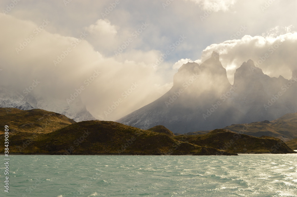 Fototapeta premium Hiking around the stunning but dramatic Torres del Paine National Park in Patagonia, Chile