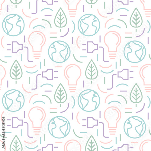 Ecologic environment energy symbols seamless pattern. Repetitive vector illustration of outline green energy symbols and shapes on transparent background.