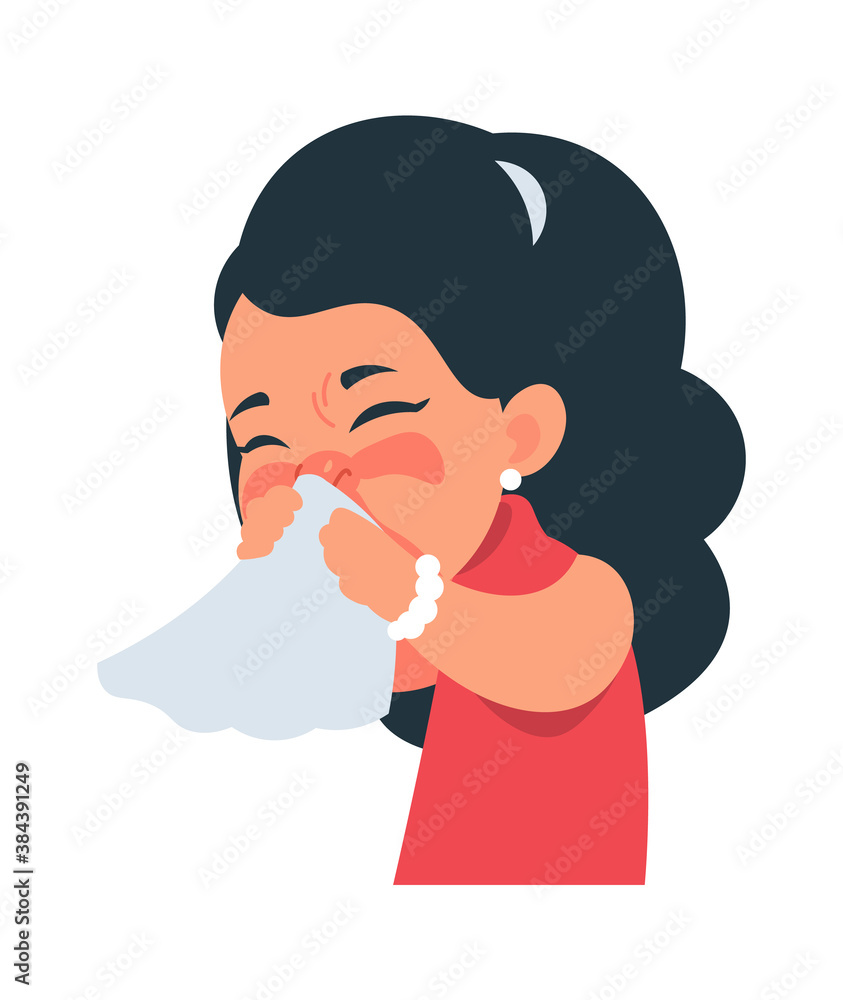Sneezing girl. Cartoon character coughing and catching flu. Cute kid blows nose into handkerchief. Respiratory illness symptom, medicines for common cold logo template. Vector healthcare illustration Sneezing girl. Cartoon character coughing and catching flu. Cute kid blows nose into handkerchief. Respiratory illness symptom, medicines for common cold logo template. Vector healthcare illustration