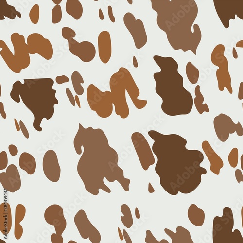 Brown cow pattern. Seamless texture of domestic animal, rural print for dairy products and milk branding. Camouflage in beige colors for military style clothing. Vector animalistic drawing on fabric