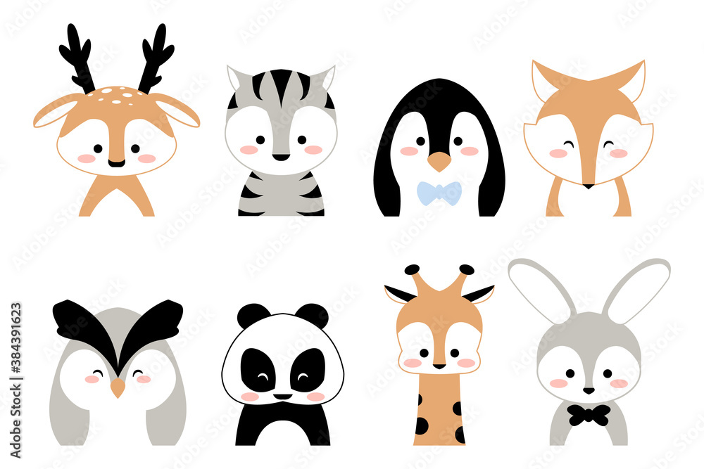 Cute animals. Cartoon kids characters, deer panda giraffe tiger portraits on white background. Zoo print or textile template, web messenger sticker. Little faces for kids collection labels vector set