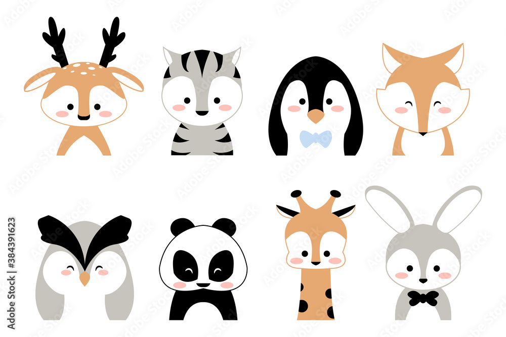 Cute animals. Cartoon kids characters, deer panda giraffe tiger portraits on white background. Zoo print or textile template, web messenger sticker. Little faces for kids collection labels vector set Cute animals. Cartoon kids characters, deer panda giraffe tiger portraits on white background. Zoo print or textile template, web messenger sticker. Little faces for kids collection labels vector set