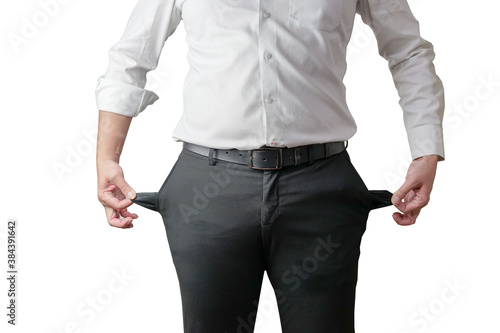 No money concept, close-up of business man with empty pocket isolated on white background, with clipping path.