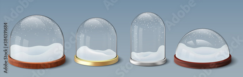 Snow globe. Realistic Christmas glass dome with snowflakes, isolated collection of empty spherical and bell base. New Year transparent material souvenir template. Holiday present, vector 3D shiny set