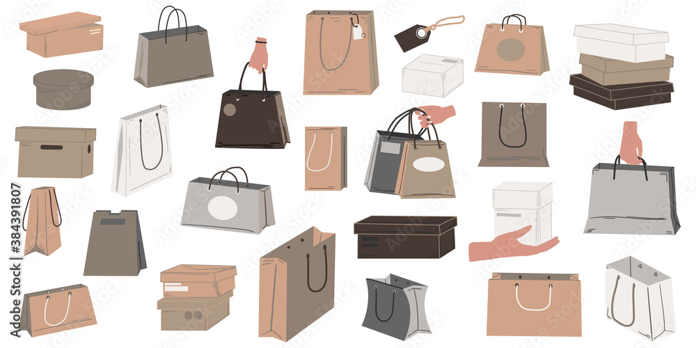 Cartoon shopping bags. Paper and cardboard shoe boxes and packages, hand drawn gift packets for purchases and presents. Square and round containers, shop packaging template in beige colors vector set Cartoon shopping bags. Paper and cardboard shoe boxes and packages, hand drawn gift packets for purchases and presents. Square and round containers, shop packaging template in beige colors vector set
