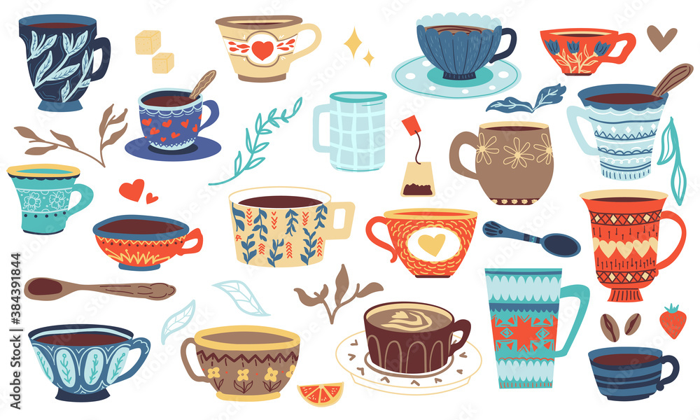 Cartoon cup. Doodle mug with tea and coffee, hand drawn utensil for morning drink. Hot aroma beverage in restaurant or home, painted ceramic tableware template for kitchen goods and textile vector set Cartoon cup. Doodle mug with tea and coffee, hand drawn utensil for morning drink. Hot aroma beverage in restaurant or home, painted ceramic tableware template for kitchen goods and textile vector set