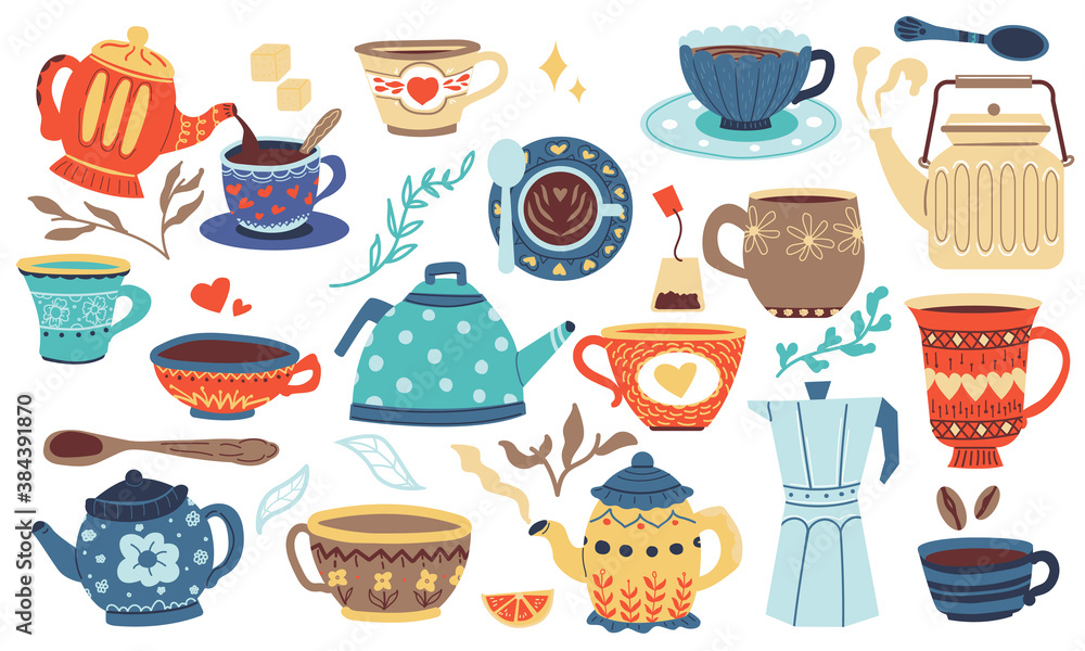 Doodle utensil. Cartoon bowl, mug, cup and jug, kitchen and home colorful cozy dishes. Cute tableware template for cuisine ceramics and fabric. Hygge cafe menu decoration, vector painted pottery set Doodle utensil. Cartoon bowl, mug, cup and jug, kitchen and home colorful cozy dishes. Cute tableware template for cuisine ceramics and fabric. Hygge cafe menu decoration, vector painted pottery set