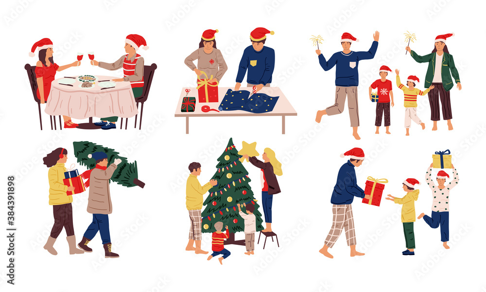 Christmas celebration scenes. Cartoon family and friends celebrating holidays. Cute kids and adults prepare Xmas dinner, presents, gifts, decorate home. People winter activities, vector December set