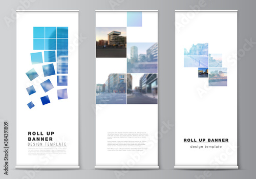 Vector layout of roll up mockup design templates for vertical flyers, flags design templates, banner stands, advertising mockups. Abstract design project in geometric style with blue squares.