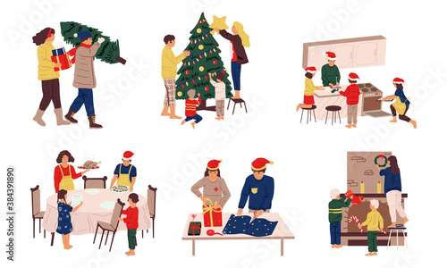 Preparing Christmas. People celebrate winter holidays. Family decorating tree and fireplace, packing presents, cooking tradition Xmas dinner. Isolated December scenes, vector home activities set