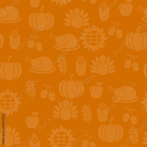 Autumnal Thanksgiving orange seamless pattern with turkeys, pumpkin, leaves illustration.