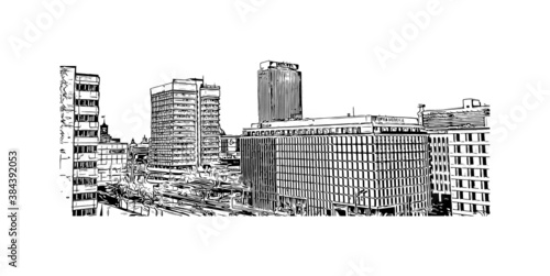 Building view with landmark of Berlin, Germany’s capital, dates to the 13th century. Hand drawn sketch illustration in vector.