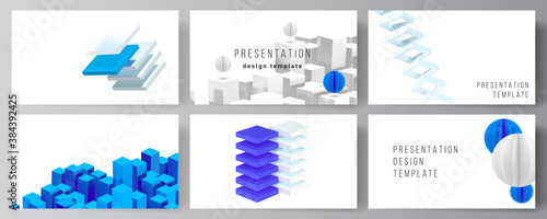 Vector layout of presentation slides design templates, template for presentation brochure, brochure cover, business report. 3d render vector composition with dynamic geometric blue shapes in motion.
