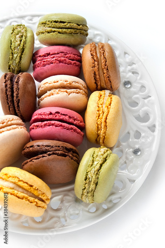 Colorful French Macarons on the white background