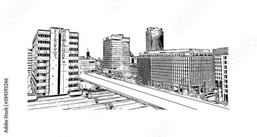 Building view with landmark of Berlin, Germany’s capital, dates to the 13th century. Hand drawn sketch illustration in vector.