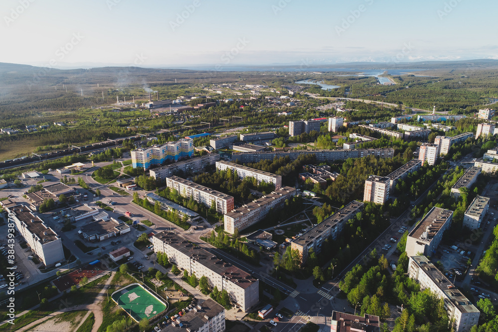 Aerial Townscape of Town Poliarnye Zori located in Northwestern Russia