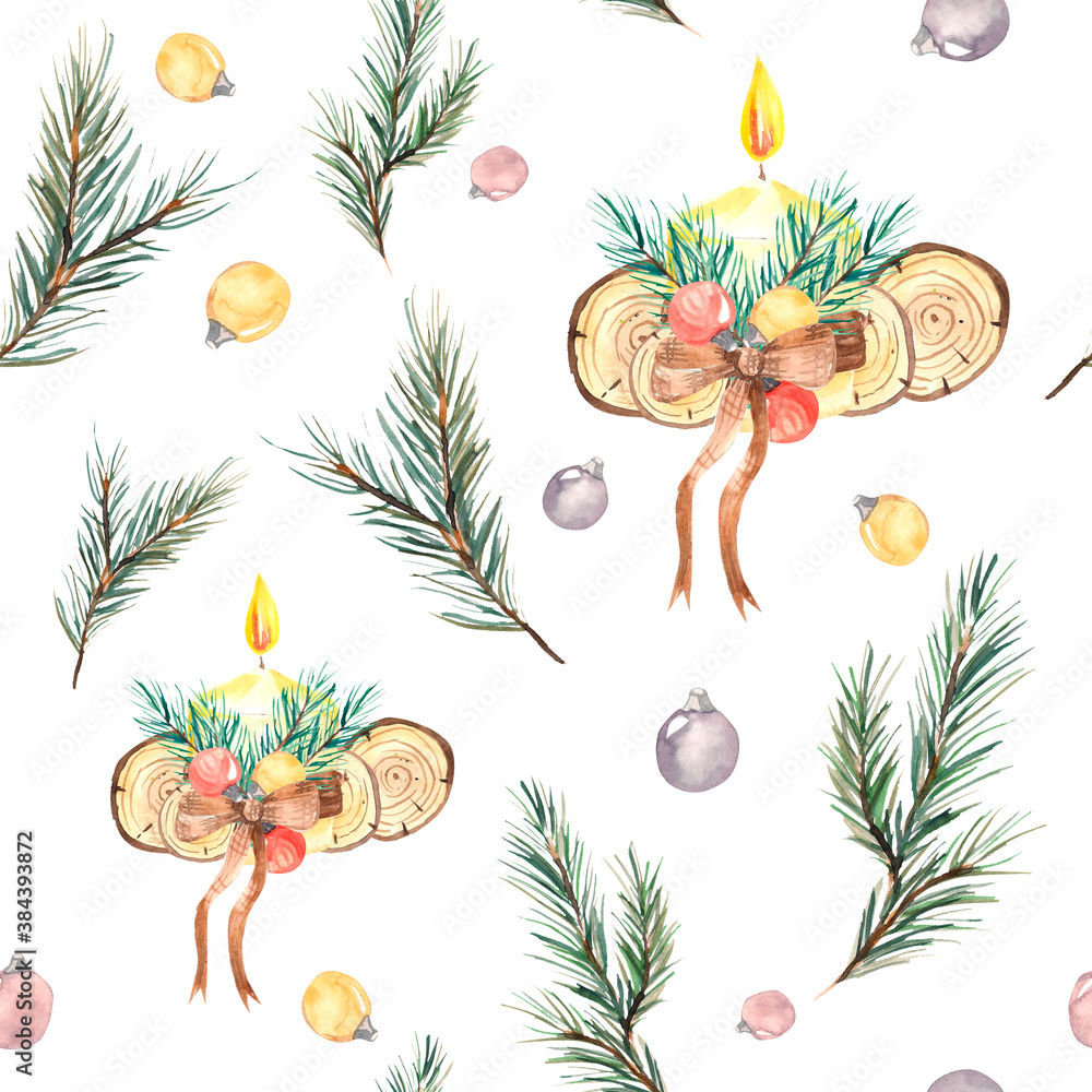 Fototapeta Watercolor illustration. Seamless design for Christmas. Seamless watercolor pattern on a white background with fir branches, cinnamon, candles, Christmas balls.