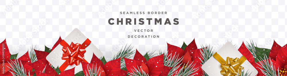 Fototapeta premium Seamless Christmas winter theme border template vector with realistic poinsettia flower