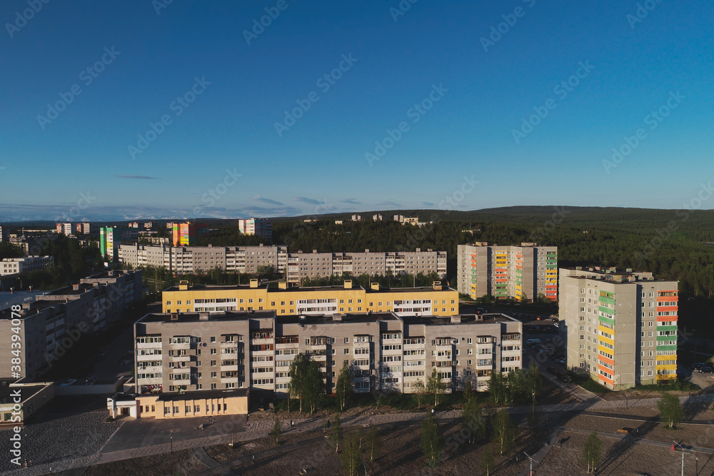 Fototapeta premium Aerial Townscape of Town Poliarnye Zori located in Northwestern Russia